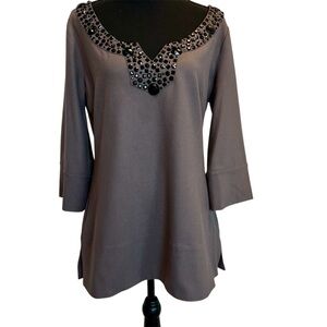 BCBGMAXAZRIA brown tunic blouse jewel embellished neck and 3/4 sleeves NWOT